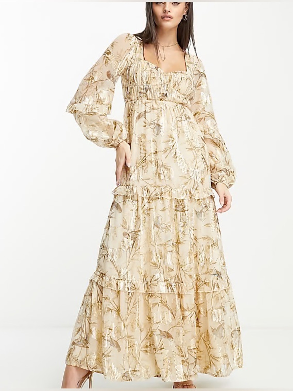 ASOS sweetheart neck maxi dress with frills in printed metallic floral jacquard